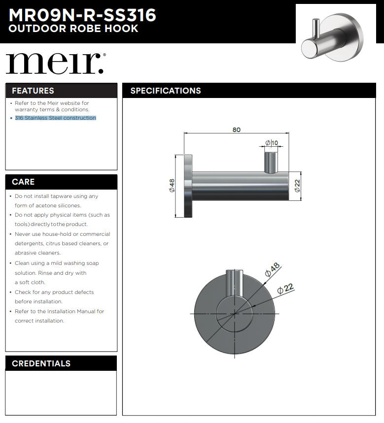 Meir Outdoor Robe Hook - SS316 - Designer Bathware