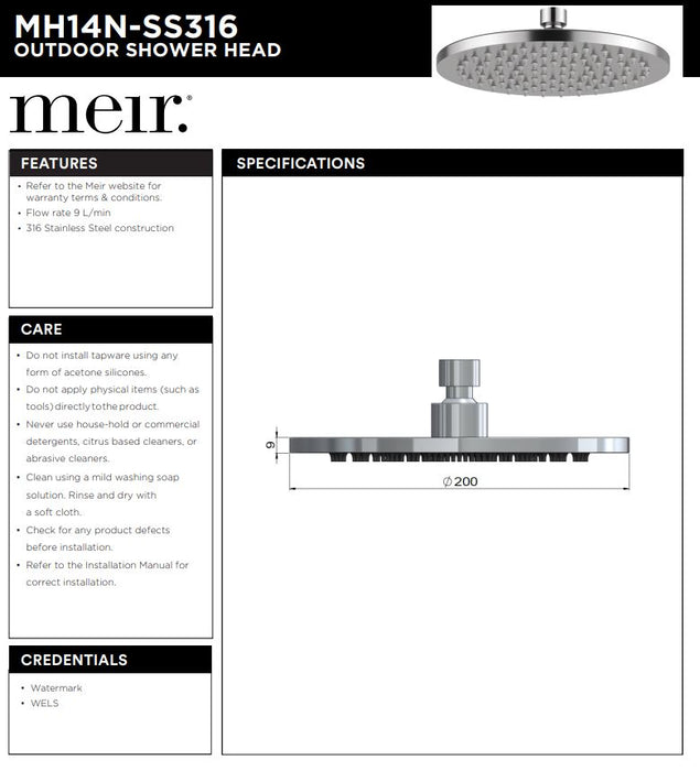 Meir Outdoor Shower Rose 200mm - Designer Bathware