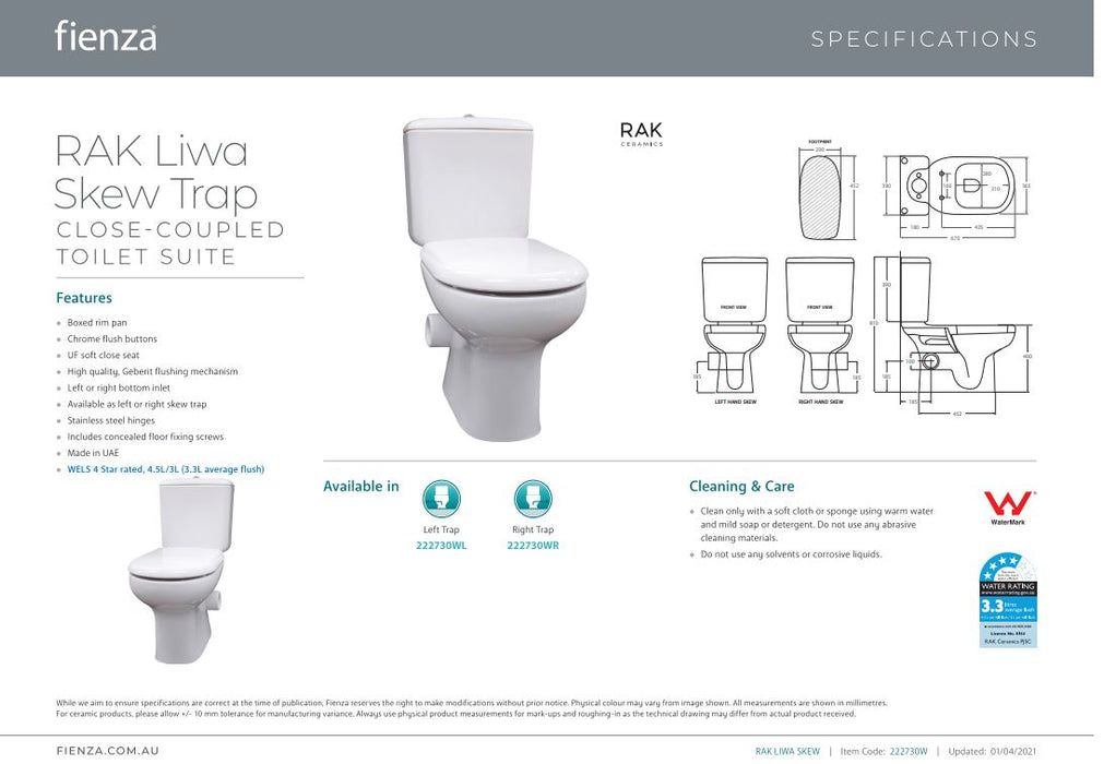 RAK LIWA White Close-Coupled Suite, Right Skew Trap - Designer Bathware