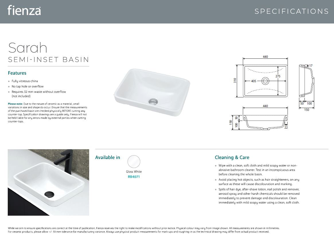 Sarah Semi-Inset Basin - Designer Bathware