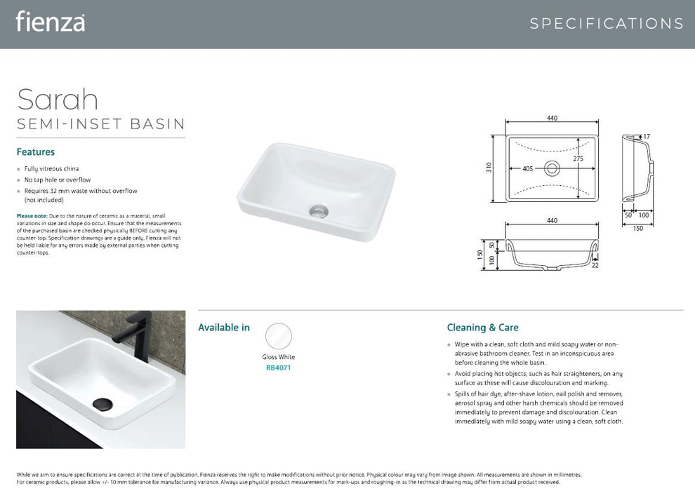 Sarah Semi-Inset Basin - Designer Bathware